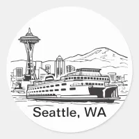 Seattle Ferry & Skyline Line Art Washington State Classic Round Sticker