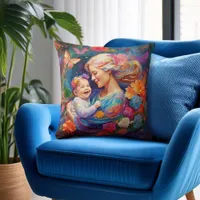 Mother with Baby Girl Colorful Painting Throw Pillow