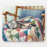 Sweet Gray Cat Sleeping on a Quilt Mouse Pad