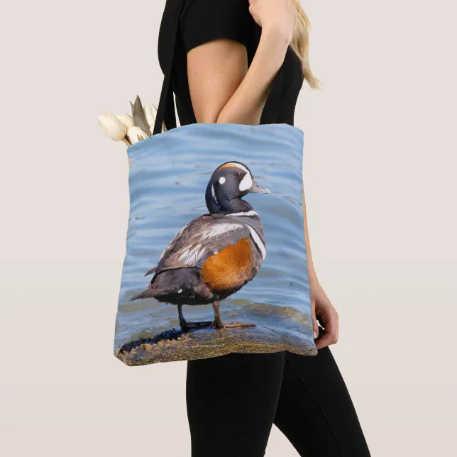 Beautiful Harlequin Duck on the Rock Tote Bag