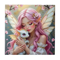 An Elegant Fairy and her Baby Dragon Personalized Ceramic Tile