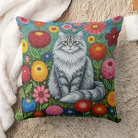 Fluffy Gray Striped Cat with Folk Art Flowers Throw Pillow