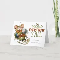 Fun Cute Mice Sleighing Merry Christmas Y'All Name Holiday Card