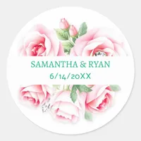 Pink Roses & Green Foliage Wedding Personalized Classic Round Sticker