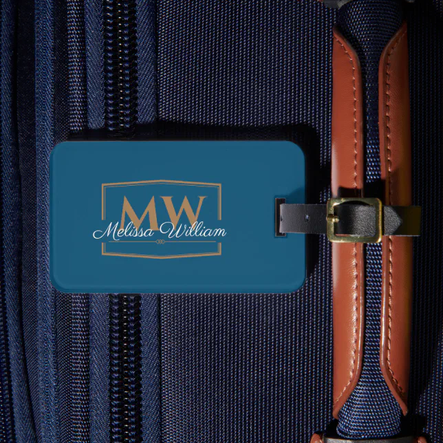 Blue White Gold Monogram Name Luggage Tag