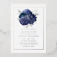 Navy and Silver Floral Wedding Foil Invitation