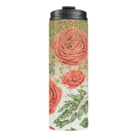 *~* Red PEONY POPPY Gold Glitter Floral Thermal Tumbler