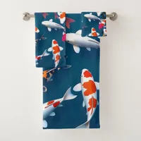 Bird's Eye View of Colorful Koi Fish Pond Bath Towel Set