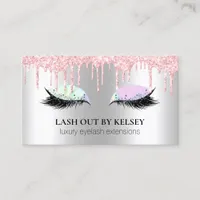 Makeup Artist Lashes Silver Opal Pink Glitter Drip Business Card