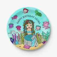 Pretty Pesonalized Turquoise Mermaid Birthday Paper Plates