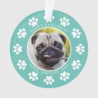 Personalized Teal Happy Pawlidays Dog Photo Ornament