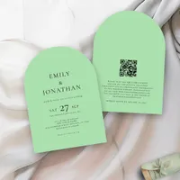 Minimalist Text QR Celadon Green Arch Wedding  Invitation