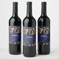70th birthday navy blue gold stars photo wine label