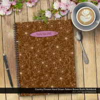 Country Flowers Hand Drawn Pattern Brown Rustic Notebook