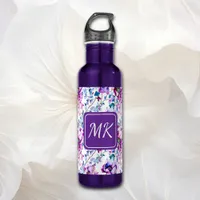 Purple Floral Watercolor Monogrammed Stainless Steel Water Bottle