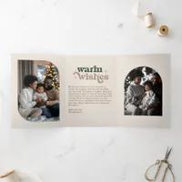 Evergreen Chic Cozy Vibes Retro Christmas Photo Tri-Fold Holiday Card