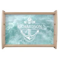 Nautical Anchor Aqua Blue Water Family Name Serving Tray