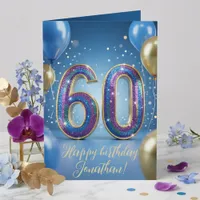 Elegant Blue Gold Sparkly Balloons 60th Birthday Card