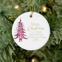 Merry Christmas Red Pagoda Christmas Tree 1-Photo Ceramic Ornament