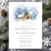 Rustic Watercolor Cabin Country Christmas Party Invitation