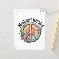 Make Love Not War tie-dye peace sign and flowers Postcard