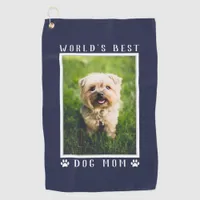 World's Best Dog Mom Paw Prints Pet Photo on Navy Golf Towel