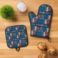 Caribbean Tribal Mudcloth: Festive Blue, Orange Oven Mitt & Pot Holder Set