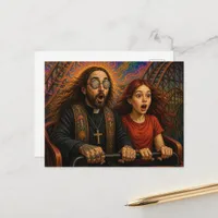 priest and a girl riding a roller coaster postcard
