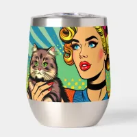 Cartoon Comic Pop Art Women Holding Cat Thermal Wine Tumbler