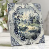 French Country Pastoral Blue and White Toile Ceramic Tile