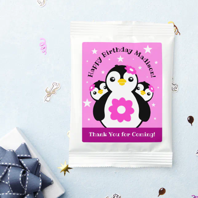 Cute Happy Birthday Girl Penguins Pink Flowers Lemonade Drink Mix