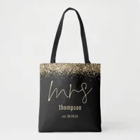 Gold Glitter Script Mrs Name Date Bride Black Tote Bag