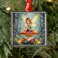 Christmas Fairy atop a Mushroom Cottage Core Metal Ornament
