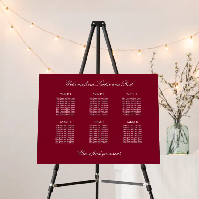 Burgundy 6 Table Wedding Seating Chart Foam Board