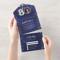80th Birthday navy blue photo silver stars rsvp All In One Invitation