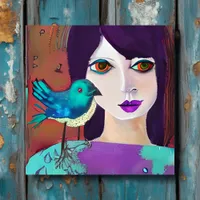 Abstract Girl and Bird Purple and Teal Peel And Stick Photo Tile