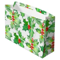 Holly Leaves, Berries, Red, Green Floral Christmas Large Gift Bag