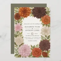 Rustic Dahlia Earthy Fall Tones Watercolor Wedding Invitation