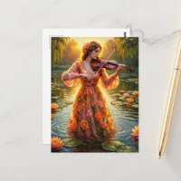 Lady with a violin in the lily pond postcard