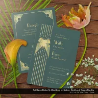 Art Deco Butterfly Green and Gold Wedding  Invitation