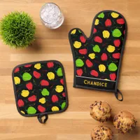 Jamaican Cuisine Scotch Bonnet Chili Print Oven Mitt & Pot Holder Set