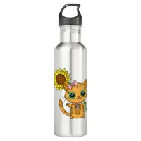 Cute Kawaii Cat Holding Flower Stainless Steel Water Bottle