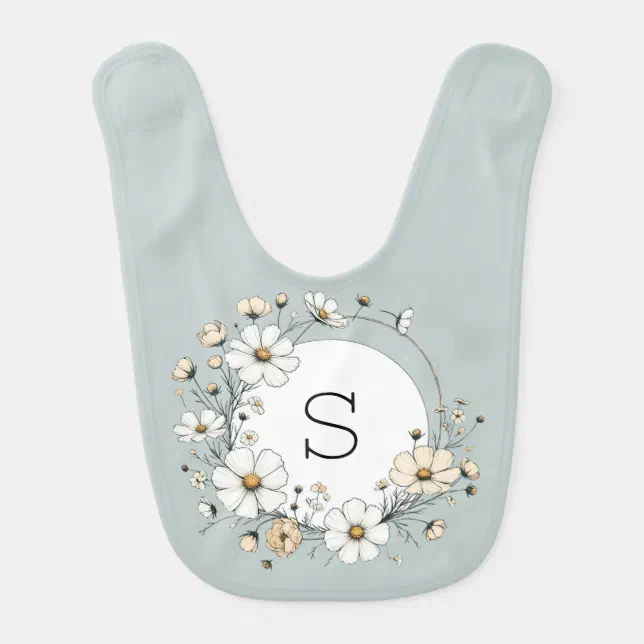 Custom Floral Monogram Baby Bib Boho Sage Green