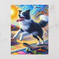 Skateboarding Adorable Surreal Border Collie Postcard