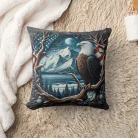 Majestic Eagle Perched on Tree With American Flag Throw Pillow