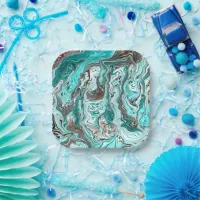 Teal and Black Marble Fluid Art Paper Plates