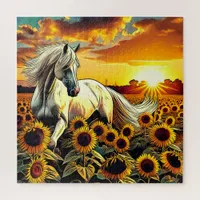 White Horse in Field of Sunflowers at Sunset Jigsaw Puzzle