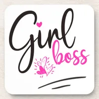 Trendy Girl Boss Typography Pink Black Hearts Beverage Coaster