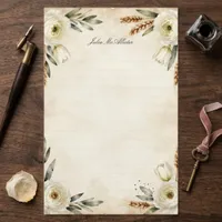 Vintage White Floral Golden Wheat Aged Parchment Stationery