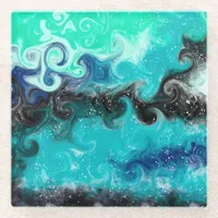 Teal, Blue and Black Fluid Art Marble Swirls   Glass Coaster